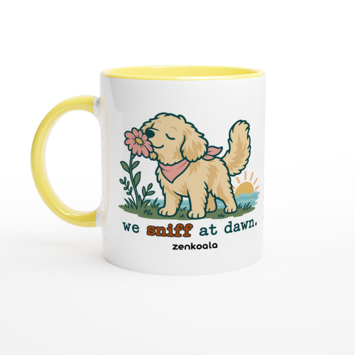 We Sniff at Dawn mug in yellow: white with a yellow rim, inside and handle, Zen Koala Australia