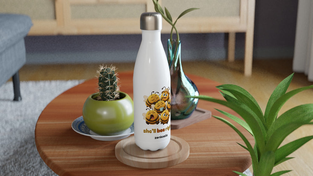 She'll Bee Right water bottle on a wooden table with a cactus, Zen Koala Australia
