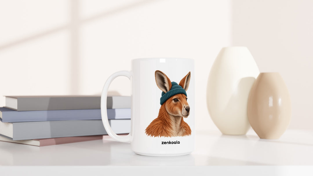 Kangaroo Beanie 15oz mug beside books and vases, Zen Koala Australia