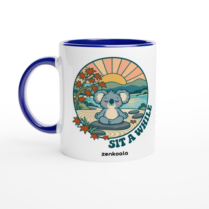 Sit a While feel-good mug: a koala meditating in a zen garden, Zen Koala Australia
