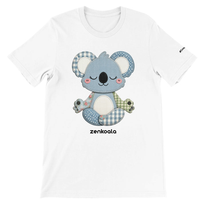 Faux Patchwork Meditating Koala feel-good tee in white — Zen Koala Australia