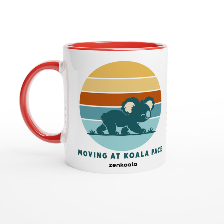 Moving at Koala Pace mug in red: white with a red rim, inside and handle, Zen Koala Australia