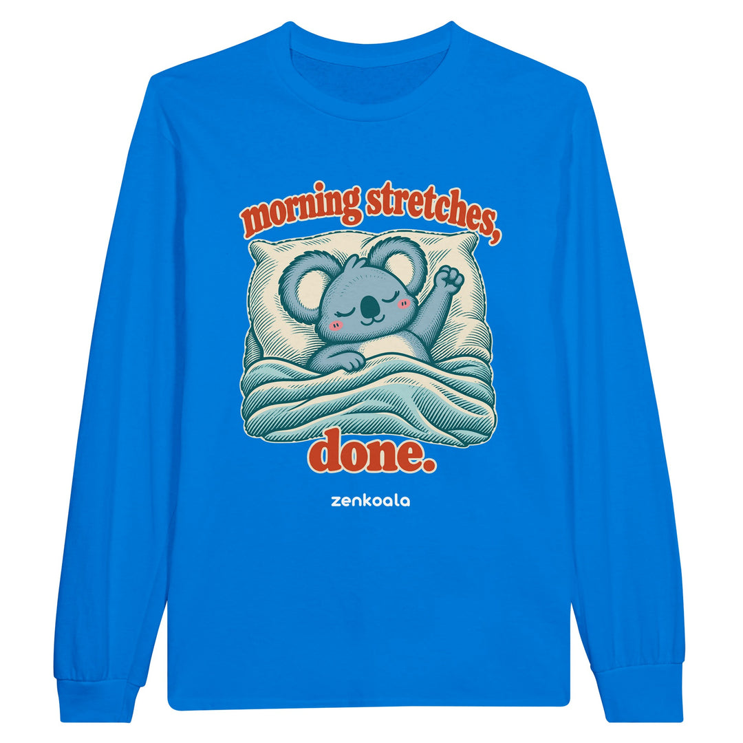 Morning Stretches Done feel-good long sleeve tee in royal: a koala in bed giving one big stretch, Zen Koala Australia