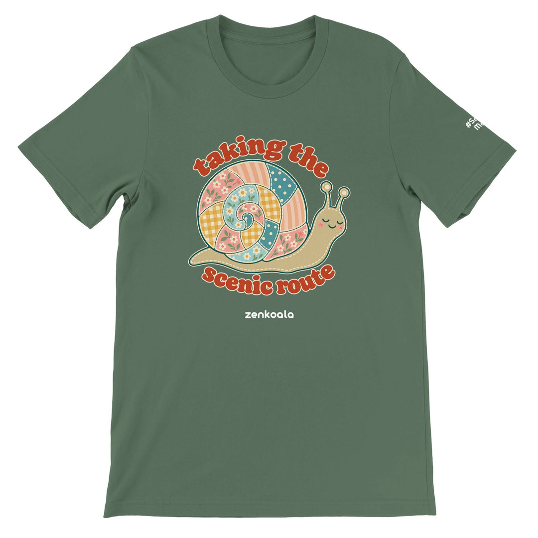 Taking the Scenic Route Snail feel-good tee in military green, Zen Koala Australia
