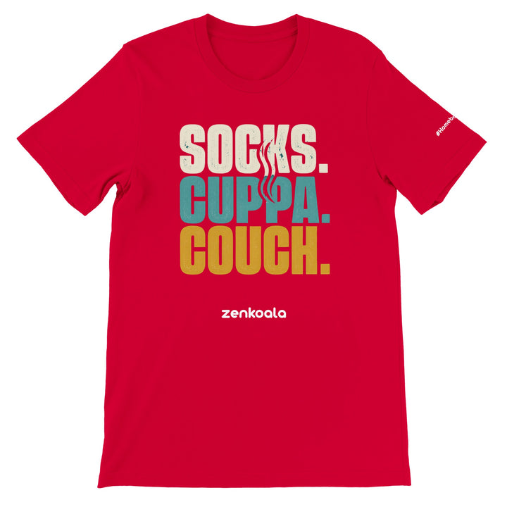 Socks Cuppa Couch feel-good tee in red — retro stacked type for a cosy night in, Zen Koala Australia