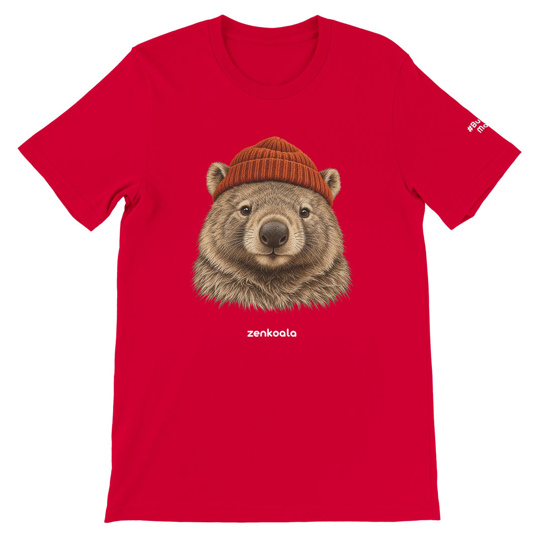Wombat Beanie feel-good tee in red, Zen Koala Australia