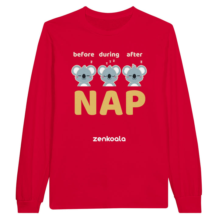 Before Nap Nap After Nap long sleeve tee in red — three sleepy koalas and one big NAP, Zen Koala Australia