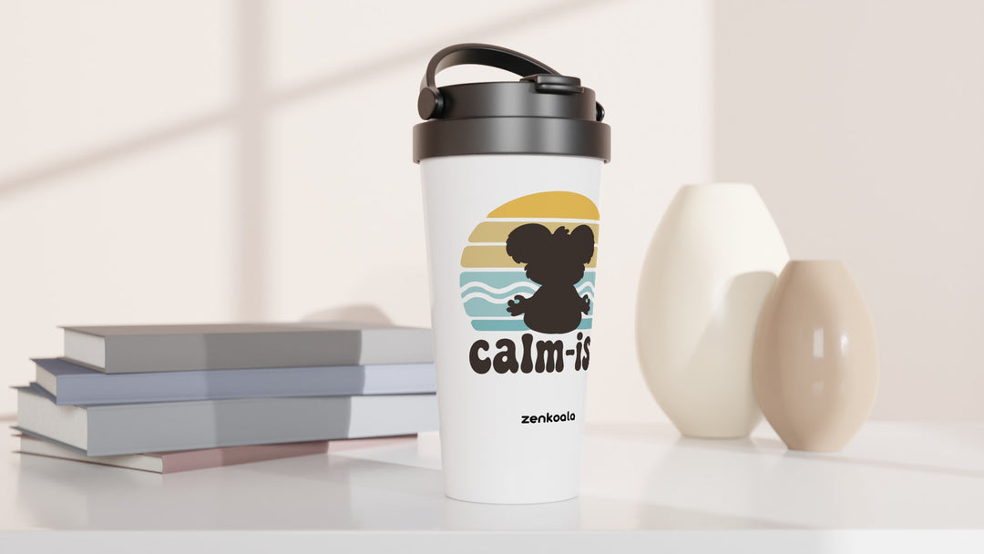 Calm-ish Retro Sunset Koala travel mug beside books and vases, Zen Koala Australia