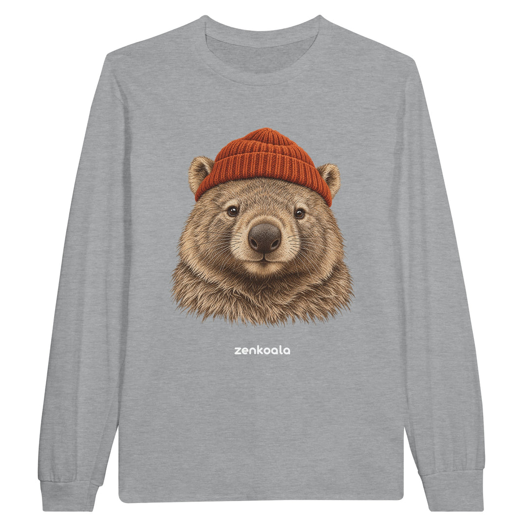 Wombat Beanie feel-good long sleeve tee in sports grey: a wombat in a beanie, Zen Koala Australia