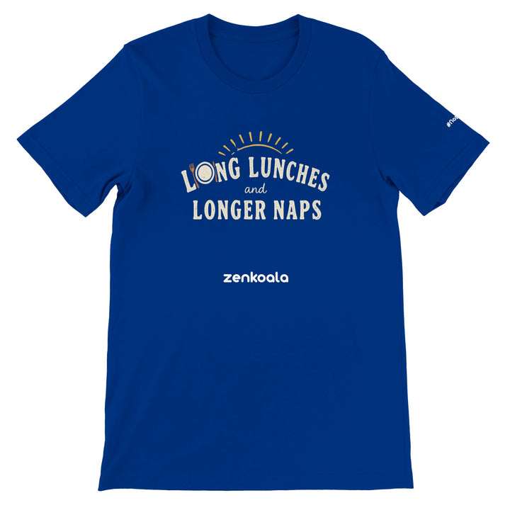 Long Lunches and Longer Naps feel-good tee in true royal — Zen Koala Australia