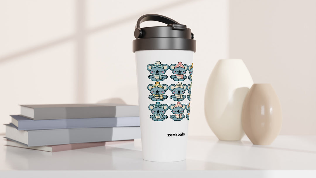 Koala Beanie Club travel mug beside books and vases, Zen Koala Australia