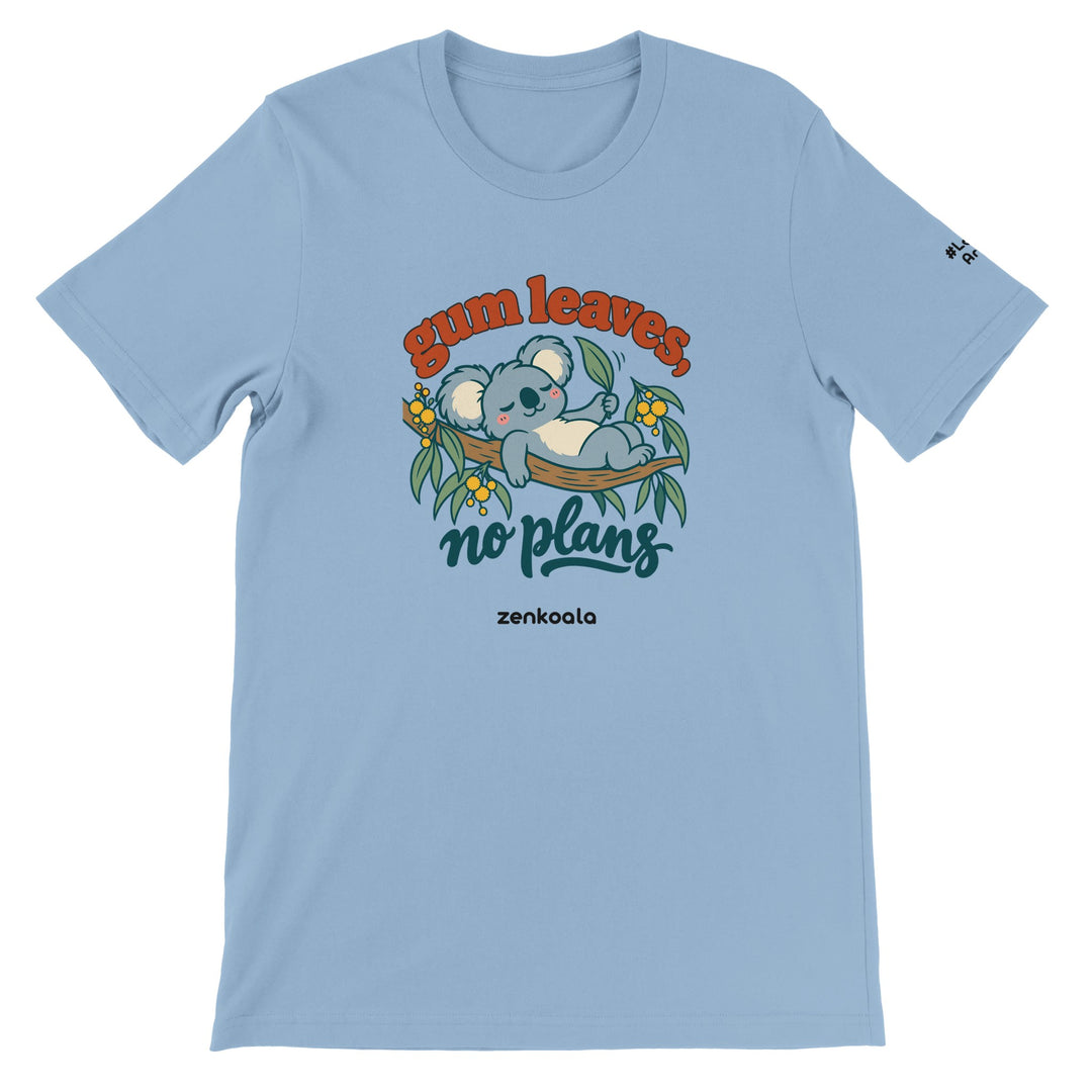 Gum Leaves No Plans feel-good tee in light blue, Zen Koala Australia