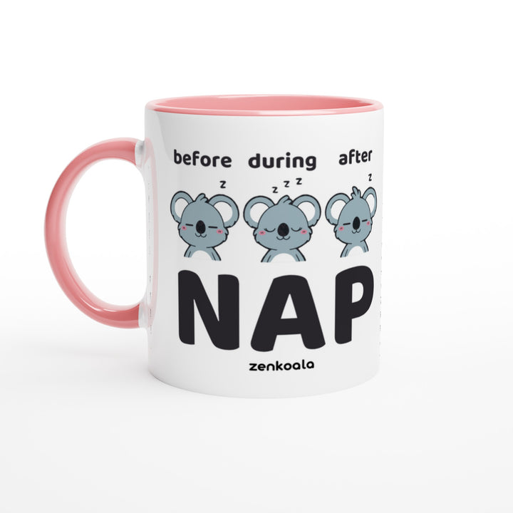 Before Nap Nap After Nap Koala mug in pink: white with a pink rim, inside and handle, Zen Koala Australia