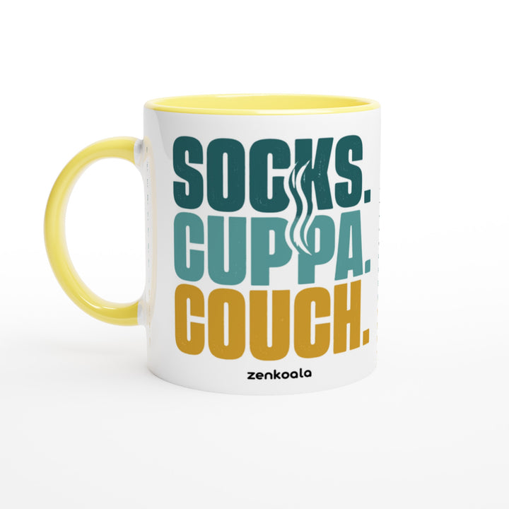 Socks Cuppa Couch mug in yellow: white with a yellow rim, inside and handle, Zen Koala Australia