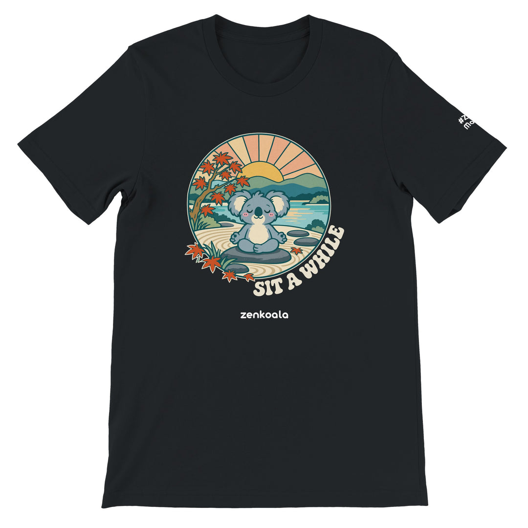 Sit a While feel-good tee in black, Zen Koala Australia