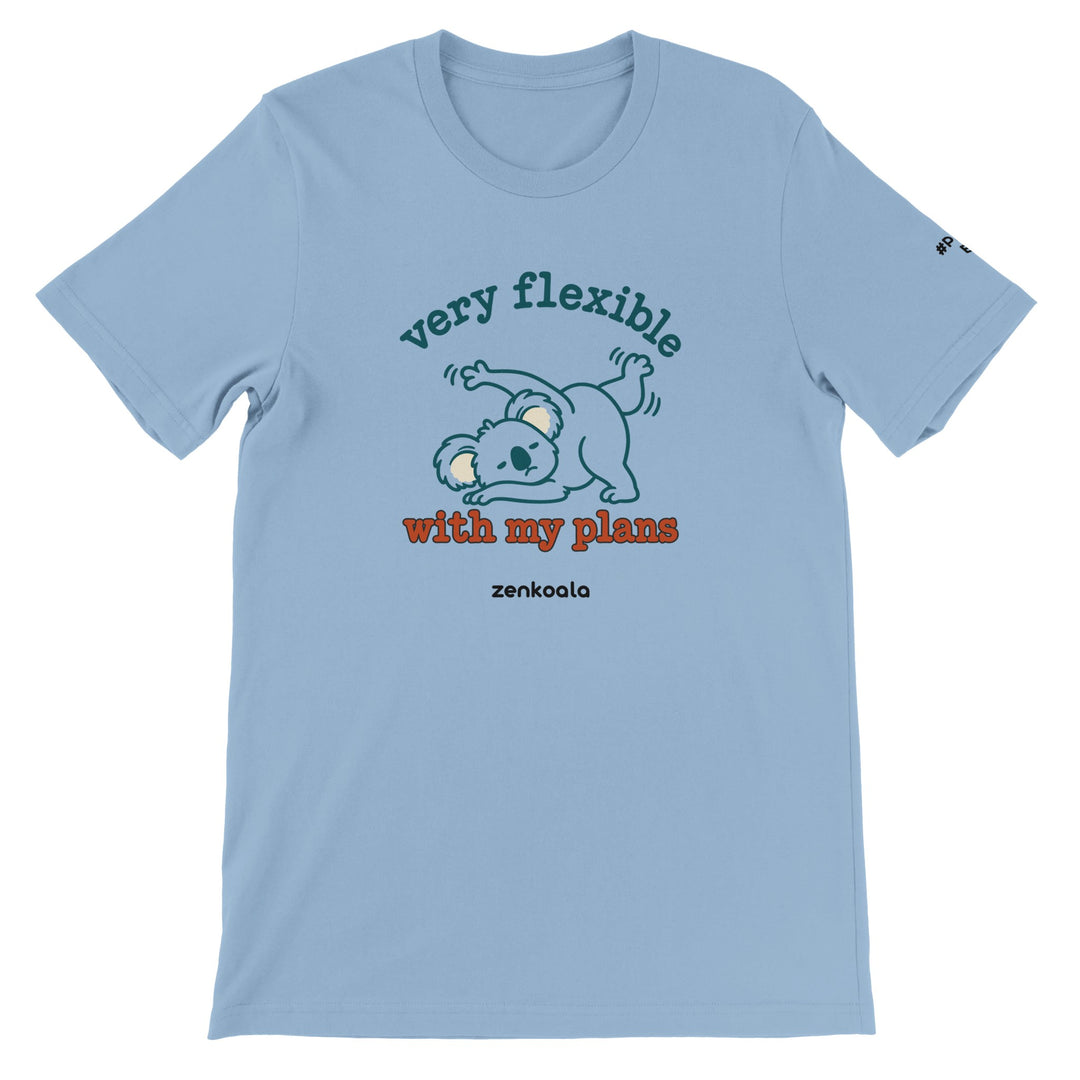 Very Flexible With My Plans feel-good tee in light blue, Zen Koala Australia