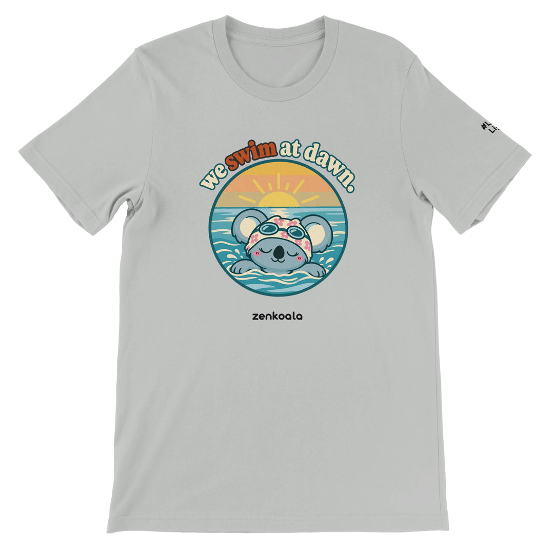 We Swim at Dawn feel-good tee in silver, Zen Koala Australia