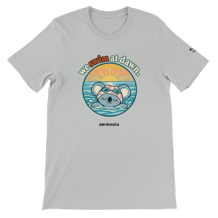 We Swim at Dawn feel-good tee in silver, Zen Koala Australia