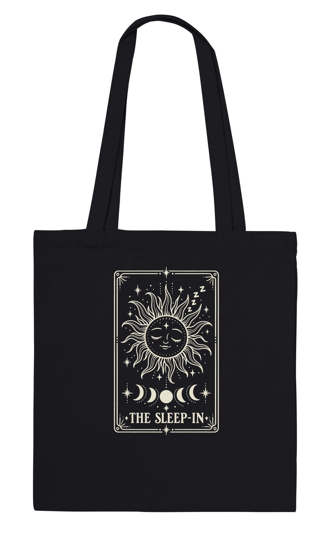 The Sleep-In feel-good tote bag in black: a sleepy sun tarot card, Zen Koala Australia