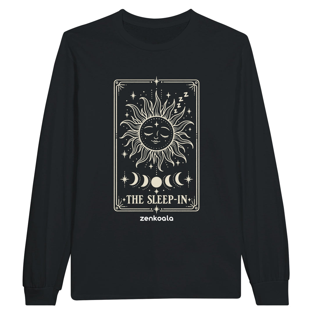 The Sleep-In feel-good long sleeve tee in black: a sleepy sun tarot card, Zen Koala Australia