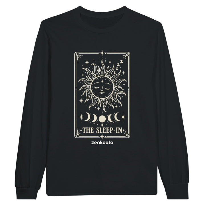The Sleep-In feel-good long sleeve tee in black: a sleepy sun tarot card, Zen Koala Australia