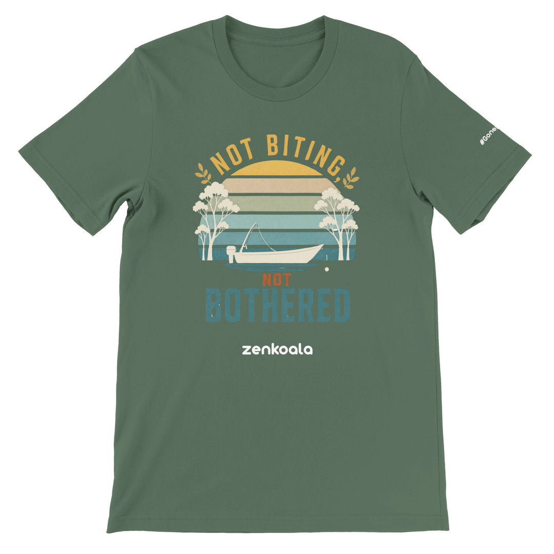 Not Biting Not Bothered feel-good tee in military green — Zen Koala Australia