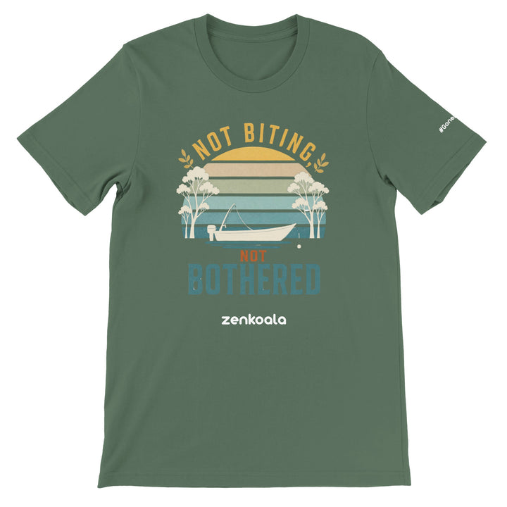 Not Biting Not Bothered feel-good tee in military green — Zen Koala Australia