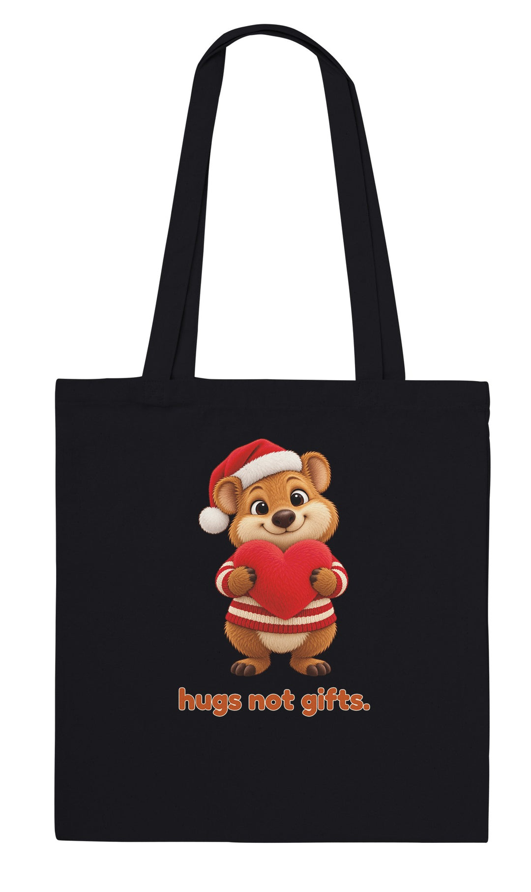 Hugs Not Gifts feel-good tote bag in black, Zen Koala Australia