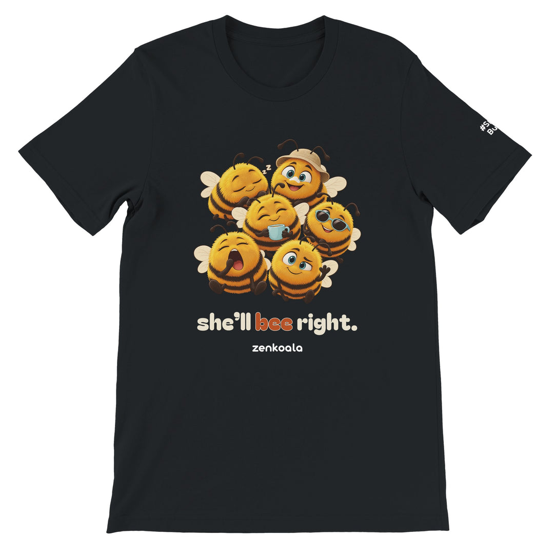 She'll Bee Right feel-good tee in black: a bunch of chilled-out bees, Zen Koala Australia