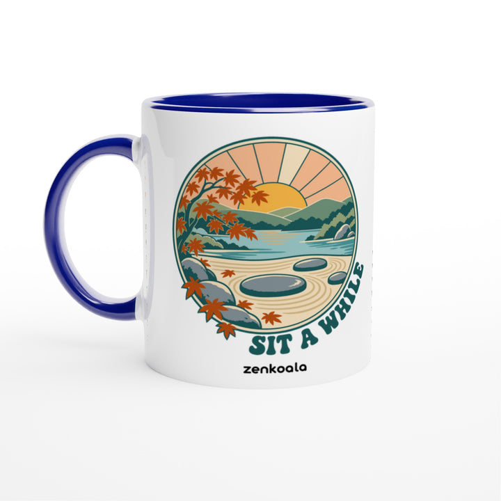 Zen Garden Sit a While mug in blue: white with a blue rim, inside and handle, Zen Koala Australia