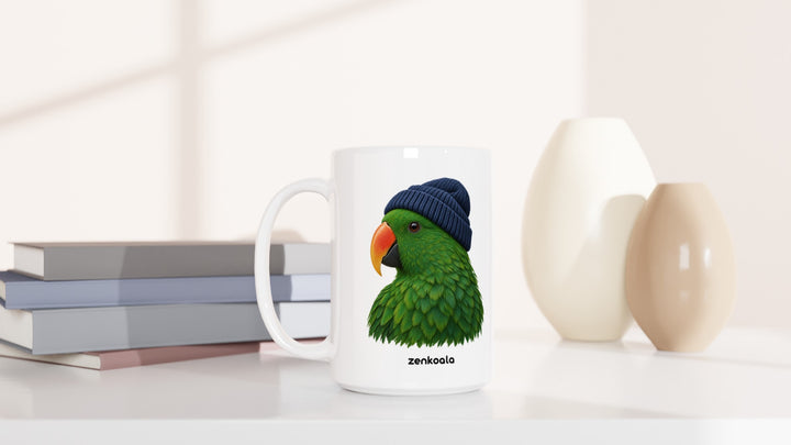 Parrot Beanie 15oz mug beside books and vases, Zen Koala Australia