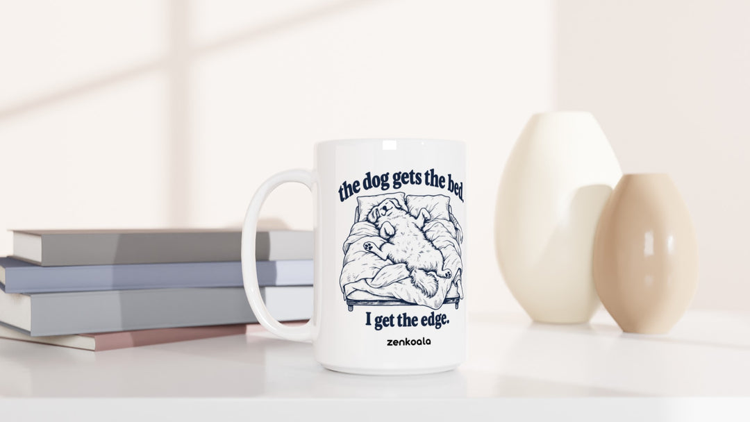 The Dog Gets the Bed 15oz mug beside books and vases, Zen Koala Australia
