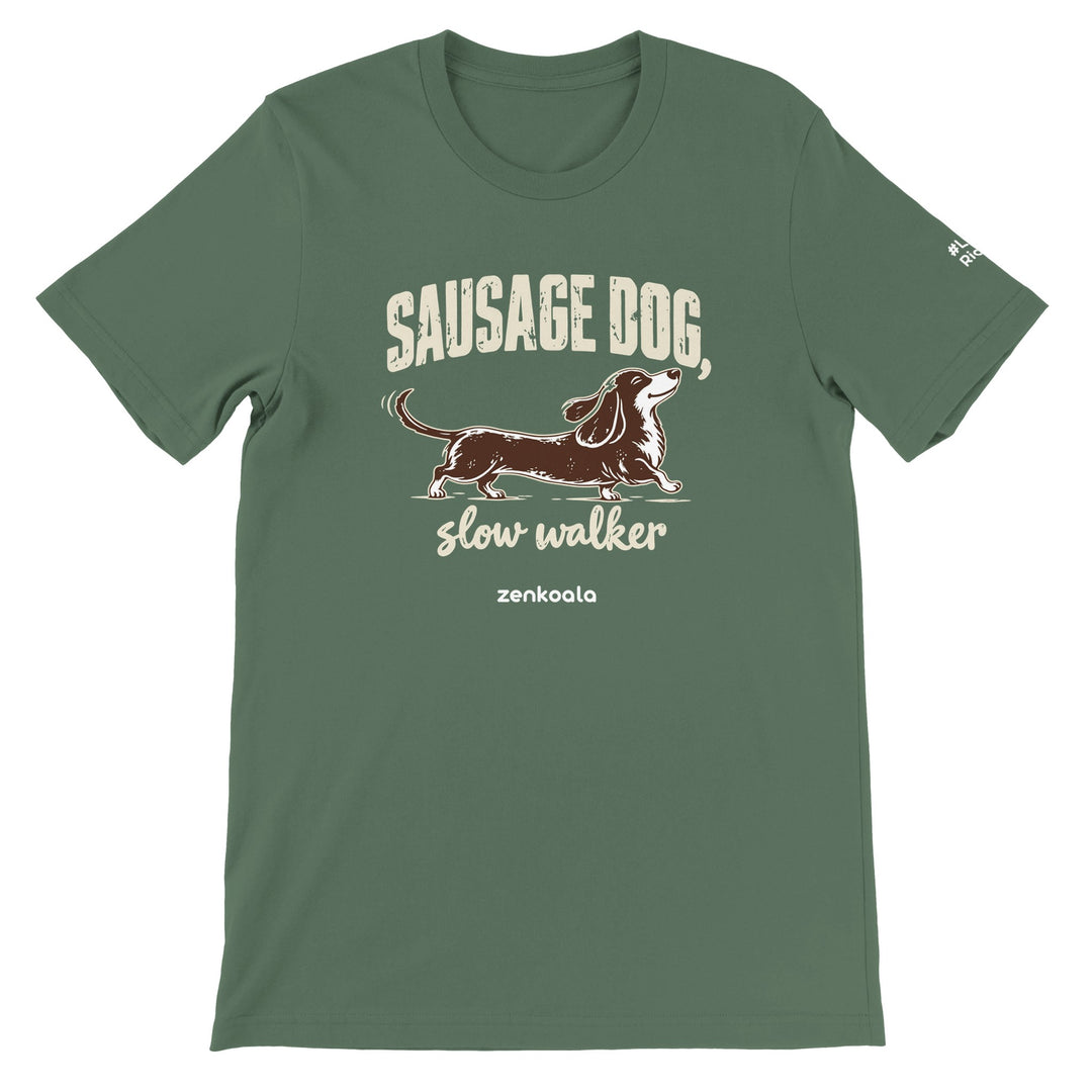 Sausage Dog Slow Walker feel-good tee in military green, Zen Koala Australia