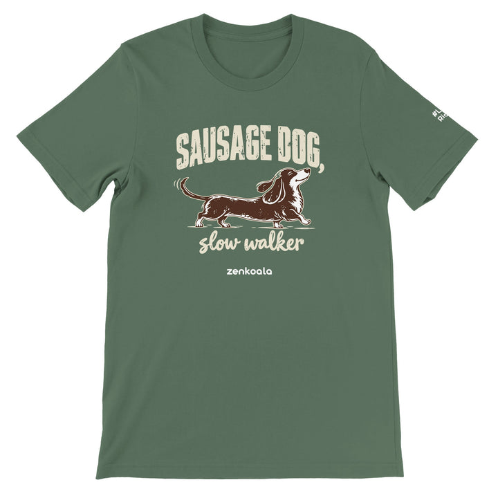 Sausage Dog Slow Walker feel-good tee in military green, Zen Koala Australia