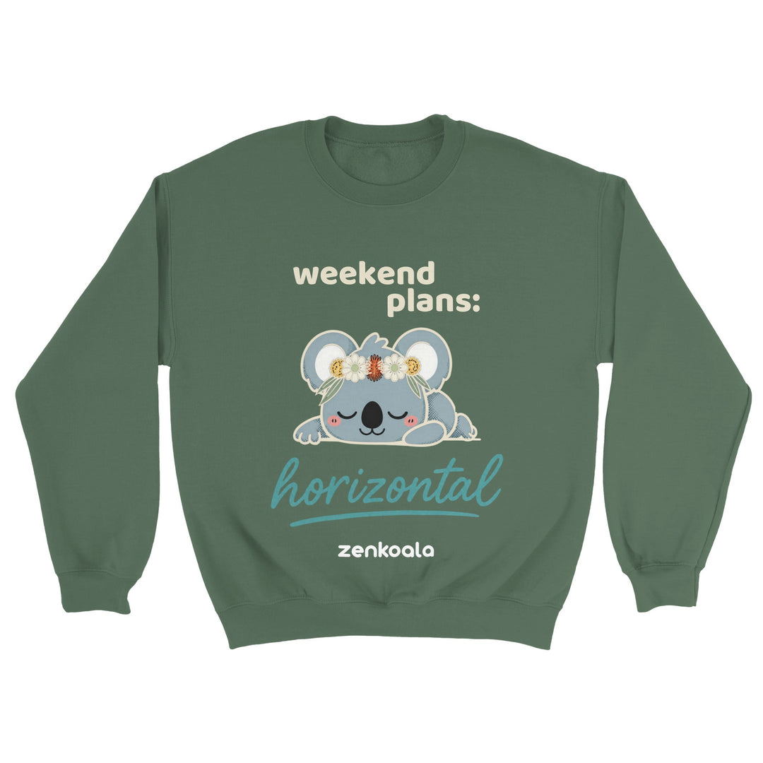 Weekend Plans Horizontal Koala feel-good sweatshirt in military green — Zen Koala Australia