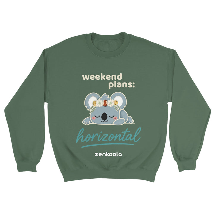 Weekend Plans Horizontal Koala feel-good sweatshirt in military green — Zen Koala Australia