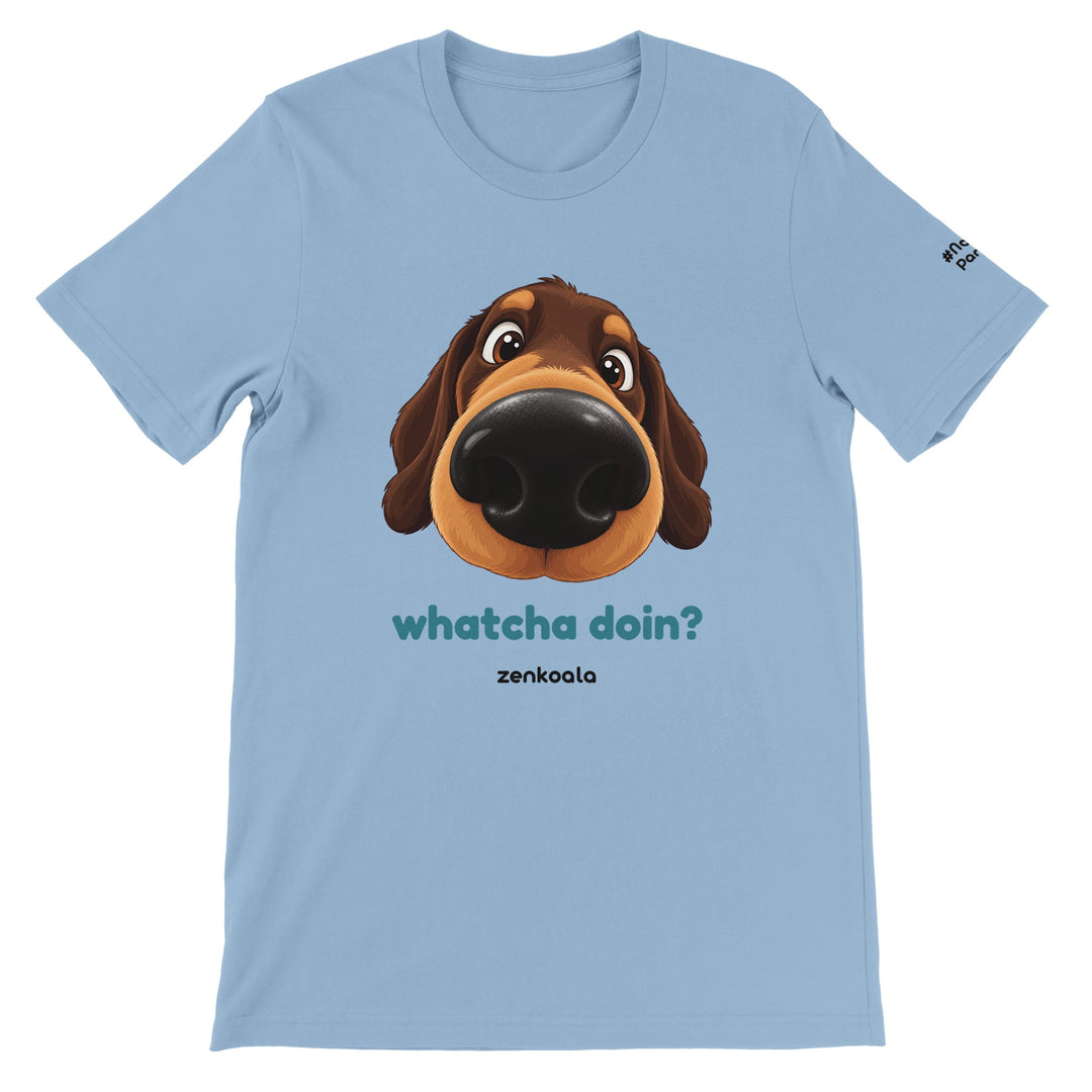 Whatcha Doin? feel-good tee in light blue, Zen Koala Australia