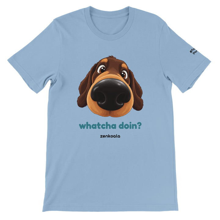 Whatcha Doin? feel-good tee in light blue, Zen Koala Australia