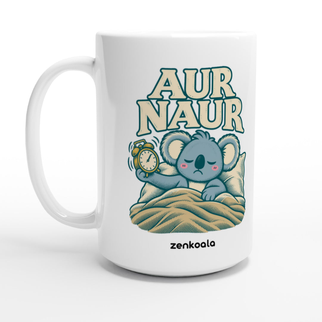 Aur Naur feel-good 15oz mug: a betrayed koala holding a ringing alarm clock, Zen Koala Australia