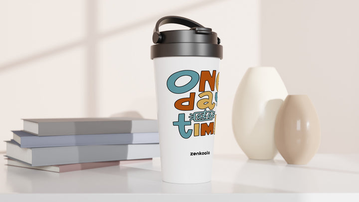 One Day at a Time travel mug beside books and vases, Zen Koala Australia