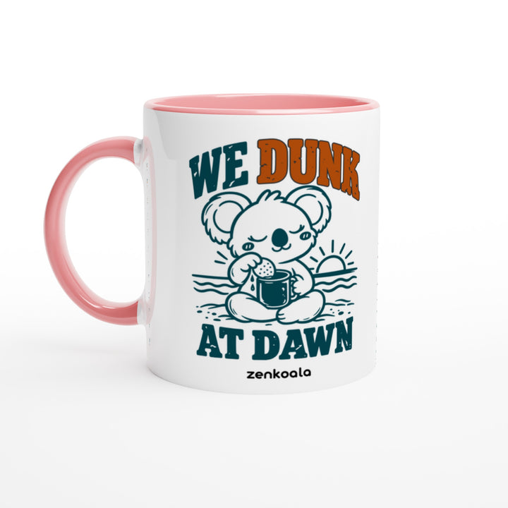We Dunk at Dawn mug in pink: white with a pink rim, inside and handle, Zen Koala Australia