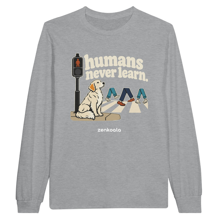 Humans Never Learn feel-good long sleeve tee in sports grey, Zen Koala Australia