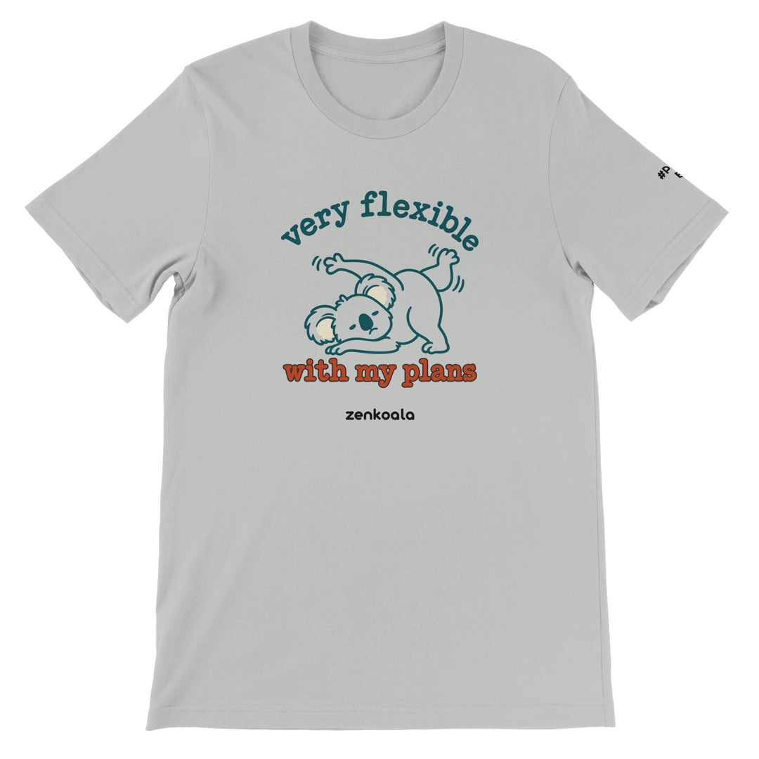Very Flexible With My Plans feel-good tee in silver: a koala in a yoga stretch that isn&