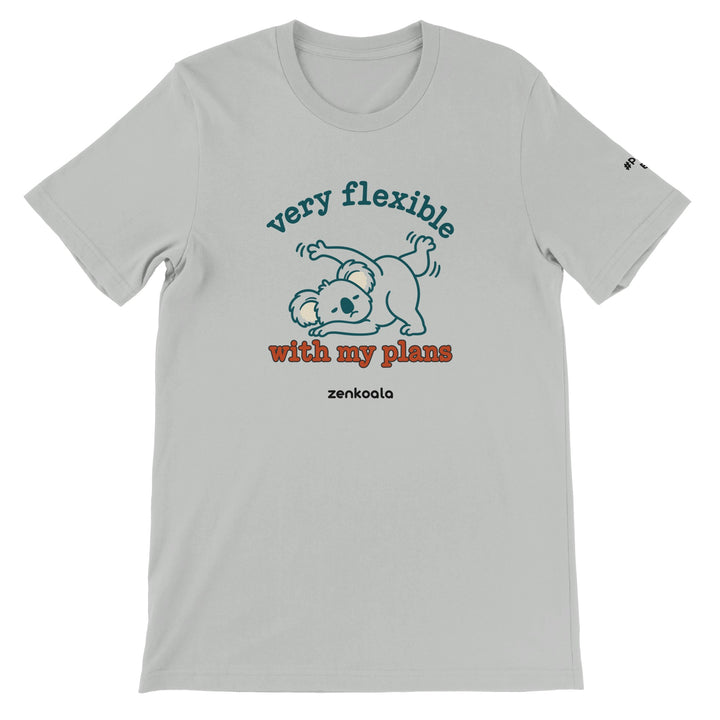 Very Flexible With My Plans feel-good tee in silver: a koala in a yoga stretch that isn&