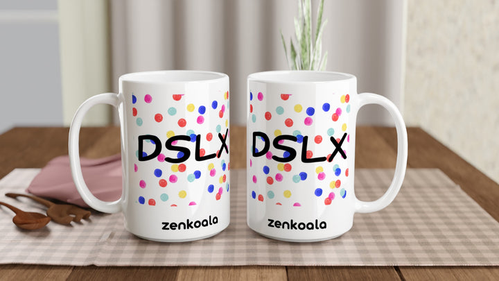 Two Dyslexia is my SuperPower 15oz mugs on a table, showing both sides of the design, Zen Koala Australia