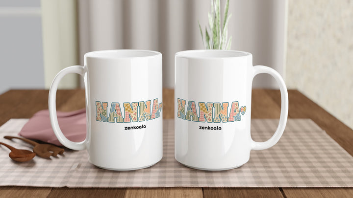 Two Nanna Faux Patchwork 15oz mugs on a table, showing both sides of the design, Zen Koala Australia