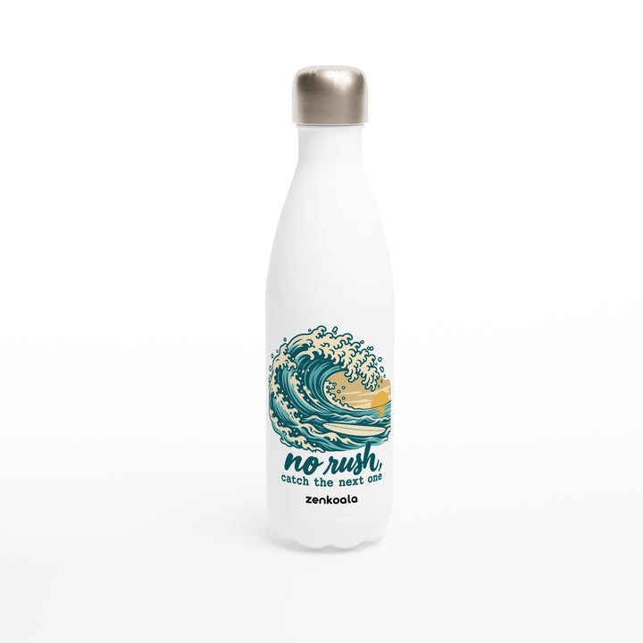 No Rush Catch the Next One feel-good water bottle: a big woodblock wave and an empty surfboard, Zen Koala Australia