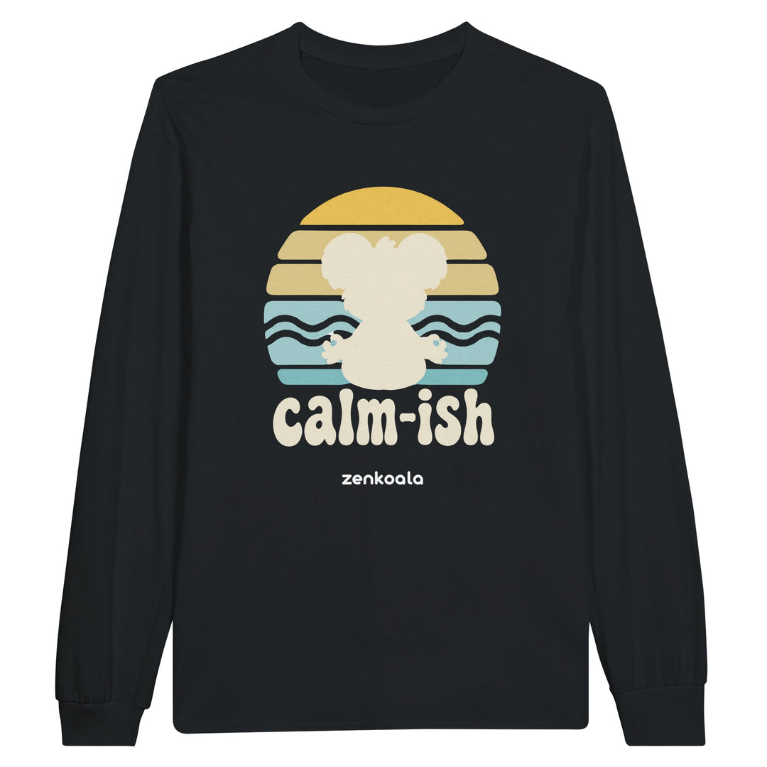 Calm-ish Retro Sunset Koala feel-good long sleeve tee in black: a meditating koala silhouette and a retro sunset, Zen Koala Australia