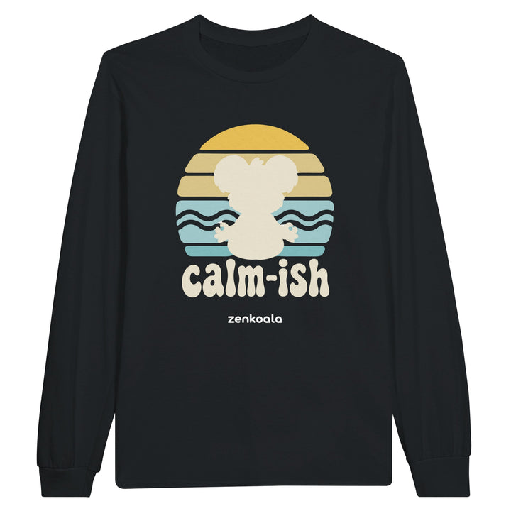 Calm-ish Retro Sunset Koala feel-good long sleeve tee in black: a meditating koala silhouette and a retro sunset, Zen Koala Australia