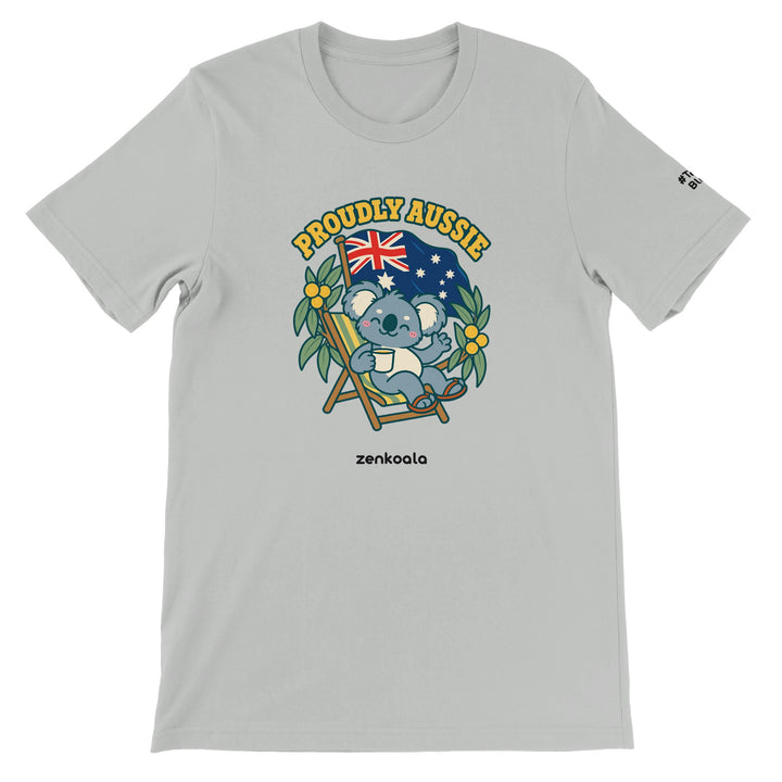Proudly Aussie feel-good tee in silver, Zen Koala Australia